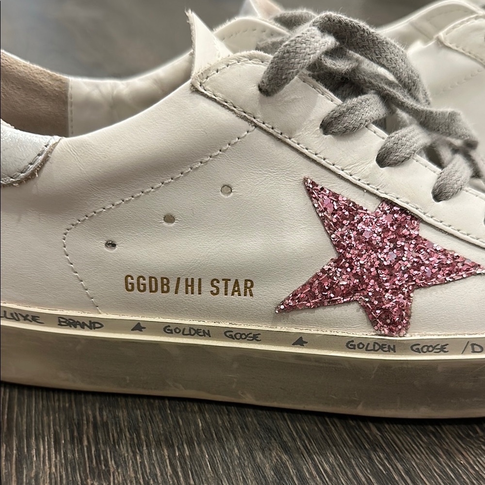 Authentic Golden Goose Hi Star White Sneakers with Glittery Pink Star - Picture 10 of 10